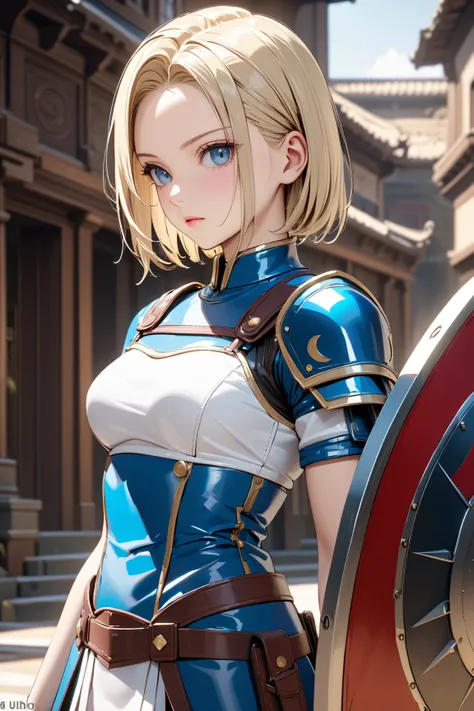 artificial human world, Sword and Shield, Gladiator,  ( cute), ( Android １８Number), masterpiece:1.5, masterpiece, highest quality, UHD, retina, masterpiece, accurate anatomy, super detailed, high quality, best quality, 8k