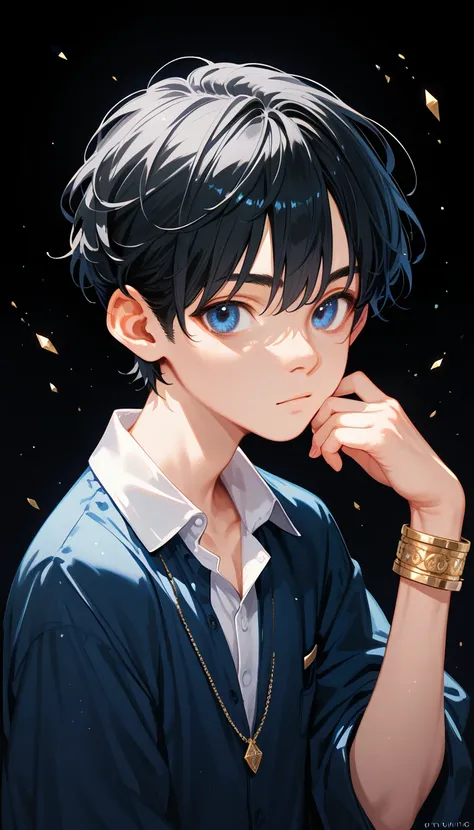 score_9, score_8_ up, score_7_ up,((8k)),Small boy,black hair,dark blue eyes, melancholic expression ,gold bangle inlaid with blue moonstone,Minimal, dress shirt,((Alone))