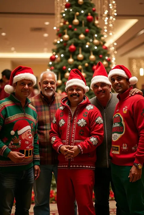 Mr.Ratan tata,irfan khan,jakir husein,sushantsingh rajput,laxmikant berde, all wering cristmas cloths and enjoyoing party. Make a group image realastic and sharp.