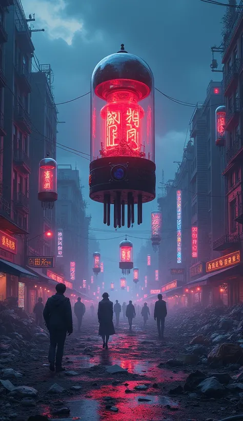  A large number of vacuum tube radios randomly float in the air in the background、 illustration with delicate, mysterious colors of cyberpunk 、 the entire anime cell picture is a neon color cyberpunk 、In the center of the screen is a huge vacuum tube radio...