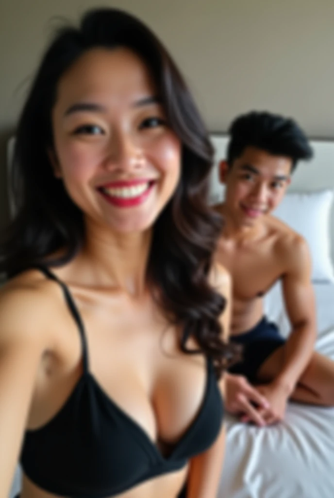 High Quality Realistic, a pair of Indonesian men and women in the bedroom, one man and one woman, 30-year-old Indonesian woman, white skin, radiant skin, bright smile, woman standing with one hand taking a selfie, wearing a black bra, big breast woman, bed...