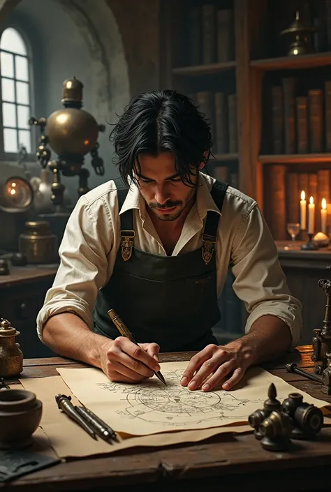 Handsome black haired man, working, apron, dirty, drawing, drafting, tools, blueprints, desk, robots and parts in the background, steampunk, fantasy, castle, renaissance, dim light, candlelight, candles, scrolls, bookshelf, books, rears, metal parts, broke...