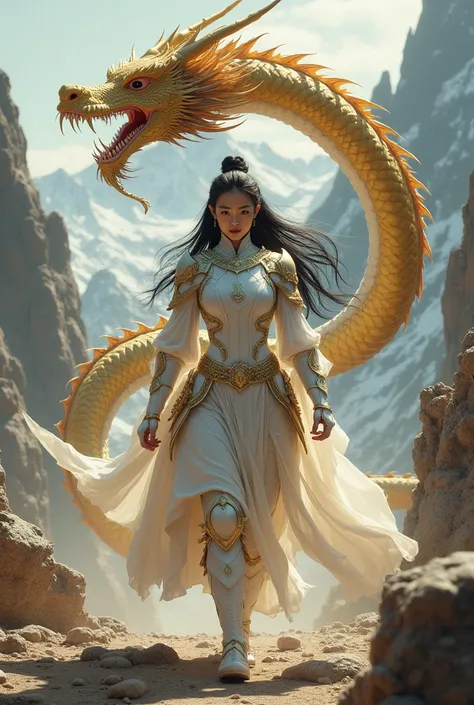 foto of asian woman with long black hair wearing  white knight outfit he walking with big gold dragon beside her, loction in the mountain rock the vibes in afternoon 