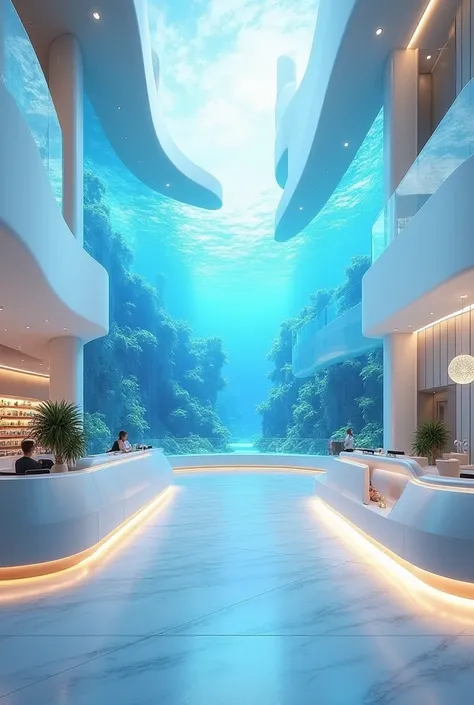  Futuristic lobby equipped with a reception desk near the entrance.  The lobby also features additional facilities such as the restaurant , cafe, pharmacy ,  green space , Giant aquarium in the middle of the floor connected to the upper floor,  as well as ...