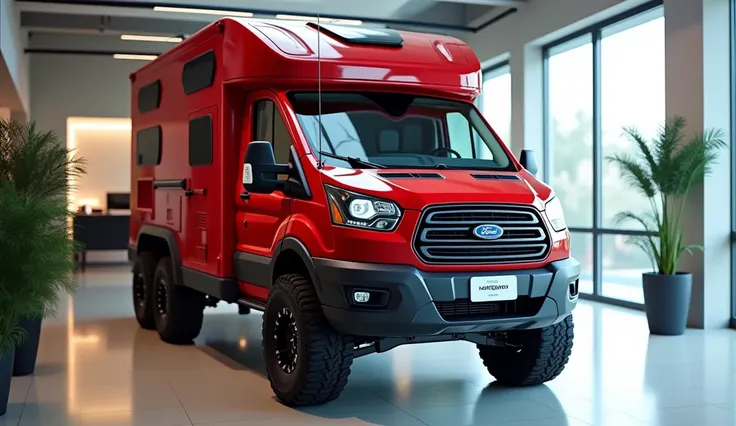 "Create a highly detailed full front view of a rugged six-wheel-drive camper van with a glossy red exterior and a modern, streamlined camper shell. The vehicle should have large off-road tires, a bold front grille with integrated LED headlights, and a robu...