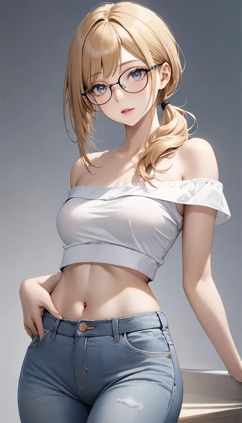  high image quality、 High Quality 、Pale colors。 realistic drawing。 one woman、Honey Blonde 、 Low Ponytail 。 Underrim Glasses、rectangular lens。 blue and gray gradient eyes。 slender。 Off Shoulder 、 low rise underwear、 jeans。Waist。abdomen。