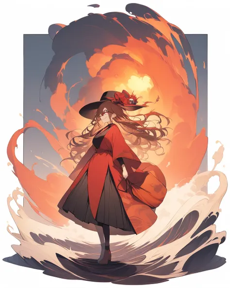 whole body、The background is a world of lava 、Anxious face、 woman wearing a big hat 、 Wearing Glasses、Traveler、Chest、 red eyes、Her hair is brown.、The clothes are red、Use lava magic、Lava flowing out 、Creates mighty waves of lava、profile、　 smirking 