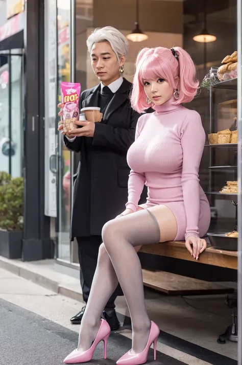 Director Iwa, Female Big Breasts, Pink Wig Earrings, Silver Turtleneck Dress, Socks, Tights, High Heels, Snack Shop, Cute Girl