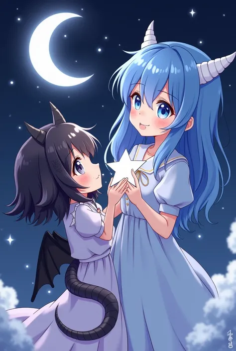 draw two girls .  One with black hair ,  with a hint of lavender in her hair ,  with black horns and black wings ,  is black in the heat of the white eye ;  is black in the heat of the white eye ,  with black horns and black wings ,  is black with a moon s...