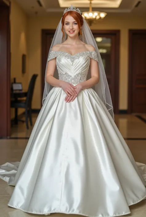 Ultra realistic Picture of a full body of a beautyful young red haired Bride with a white metallic satin Princess Weddingdress with off shoulder straps and many silver Pearls in the fabric and a bridal veil with diadem. The Bride stands in the Lobby and is...