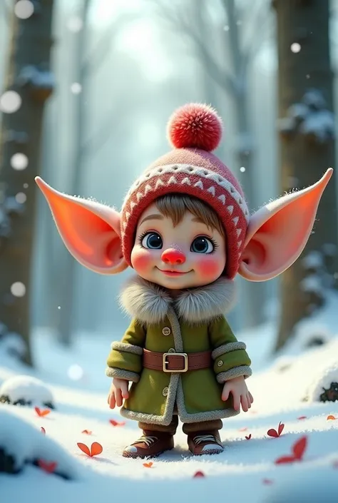 He was a small , fairy tale character:  Red nose , , a pompom hat and completely disproportionately large ears. He looked like a mix of a dwarf and an elf against the background of a snowy forest