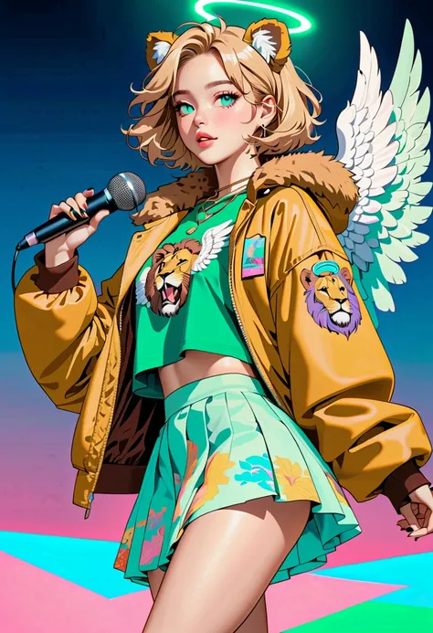 (masterpiece, best quality),Vaporwave style,anime style,(teenage,lion ears,blonde short hair,green irises,fang,fashionable, angel wings on her back,angel halo,middle breasts,wearing brown fur,necklace,Oversized brown jackets,lion printed tee, skirts, boots...