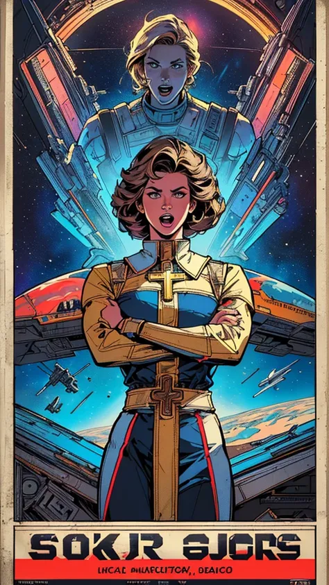 (((Top Quality Masterpiece ))),(((solo:1.2))),((( 1 woman :1.2))), 32K Highly Detailed Wallpaper , Retro Vintage Style ,(dynamic Angles),((( Overwhelming Highlights ))),((most complex machine)), very flashy color scheme American comics,80s space thriller m...