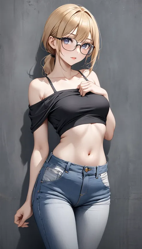  high image quality、 High Quality 、Pale colors。 realistic drawing。 one woman、Honey Blonde 、 Low Ponytail 。 Underrim Glasses、rectangular lens。 blue and gray gradient eyes。 slender。 Off Shoulder 。 low rise underwear、 jeans。Waist。abdomen。Gravure pose