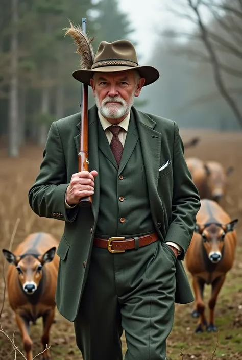  a 70-year-old sophisticated dominant hunter and grande lady transvestite with lots of makeup and dressed in a grey-dark green ladylike tweed trouser suit with rifle and golden Rolex womens watch and hunters hat with feathers with long fingernails on the r...