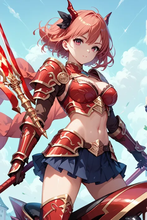 score_9,score_8_up,score_7_up,rating_safe,(full_body:1.3),1girl,breasts,source_anime,large_red_lance,dark_red_armor,mini_skirt,ride_a_dragon,red_medium_hair,low_angle,wide_shot