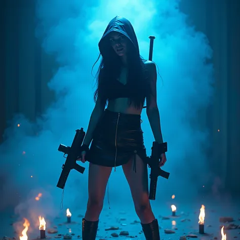 arte digital, arte digital. THE LIGHTING IS BLUE SURROUNDING WITH FIRE AND SMOKE ALL AROUND. 

.  A girl stands in the center ,  with a defiant expression on her face , dressed in a LEATHER SKIRT OUTFIT that fits your figure perfectly,  while a BLACK HOOD ...