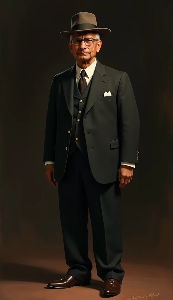 A full-body animated painting in a Renaissance-inspired style, depicting Sir Ghanshyam Das Birla standing in a composed, dignified pose from head to toe. He is dressed in a finely tailored dark suit, paired with a crisp white shirt and a neatly knotted tie...