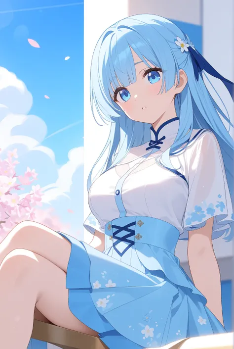  straight light blue hair,     white shirt,   normal sized breasts　, sits,  high res,  High Quality , 4K height 161 cm
facing the front ブレザーの学生服　bangs between eyes
　
 glamour 　spring　blue sky
