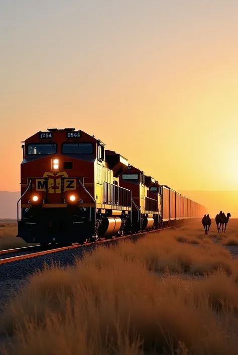 "A locomotive of the Mongolian Railway (MTZ) is traveling through the grassy Gobi region, with the MTZ logo displayed on the front of the locomotive. In the distance, far from the railway, a herd of camels is grazing. The picture is taken from the front le...