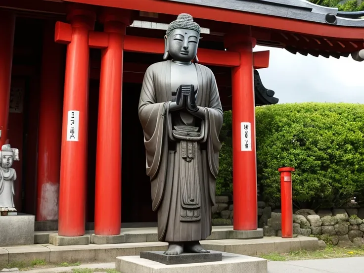 Realistic, Comedy, Shinto Buddha statue runs away from devotees who come to ask for blessings. Shinto Shrine background.