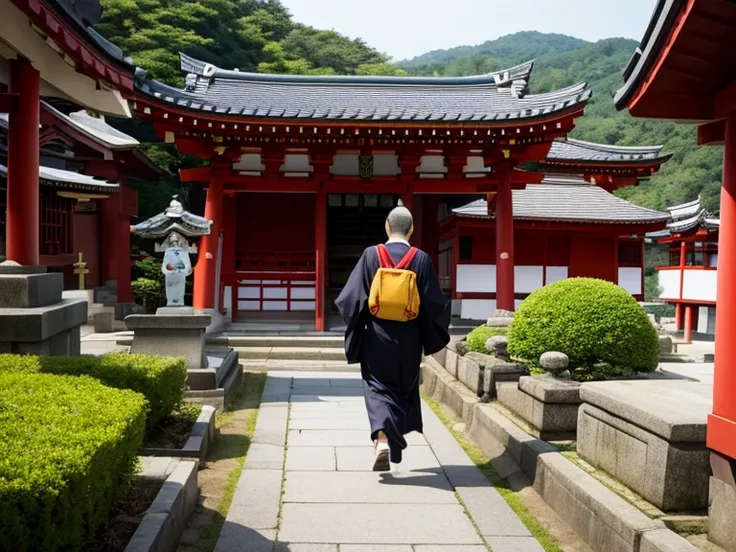 Realistic, Comedy, Shinto Buddha statue runs away from devotees who come to ask for blessings. Shinto Shrine background.