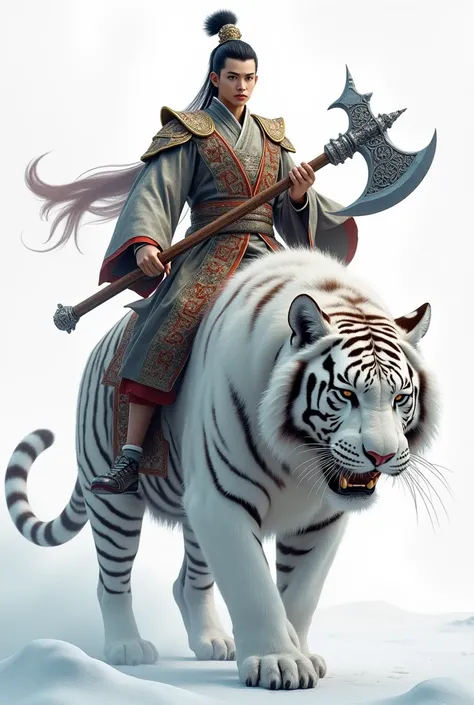 Photorealistic man 25 years old, handsome , illustration of a Chinese emperor warrior , carrying an axe, riding a big white tiger, white snow background