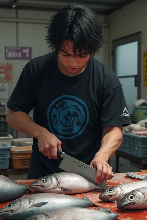  a 20 year old Japanese man , with saggy hair,  in a black over size t-shirt with a blue picture motif,  holding a cleaver , cutting fish , at the back of the fish market , realistic image