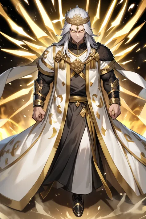 DIOS, high, strong,  golden eyes ,  beautiful, Long silver hair , diadema, arrogant gaze ( detailed face ),  wears Chinese combat robe,  has a huge curved spear, golden aura, divine aura, full body.