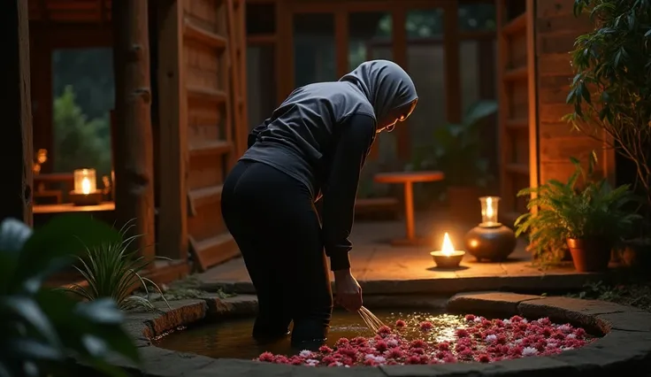 Stylish photography of the atmosphere inside a wooden hut house, young and beautiful Malaysian woman, wearing a gray hijab, wearing a black shirt with big breasts, big hips, wearing black leggings, big buttocks, bent body, with a dream body (back view) but...