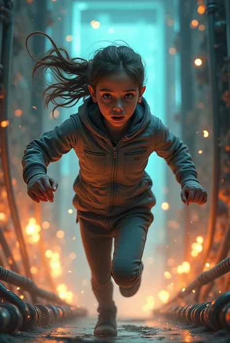 Emma (young girl) is sprinting toward the control panel, determination on her face. Her hair is flying behind her, and her clothes are dusty from the action. Sweat beads on her forehead, but she never loses focus. Her eyes are intense as she races against ...