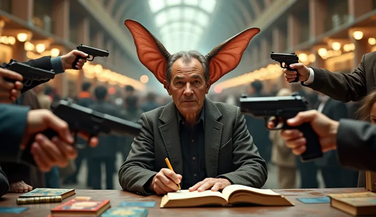  a man with very big ears is sitting in a book-fair booth signing books for his followers who are waiting in line, everyone carries a gun in his hand 