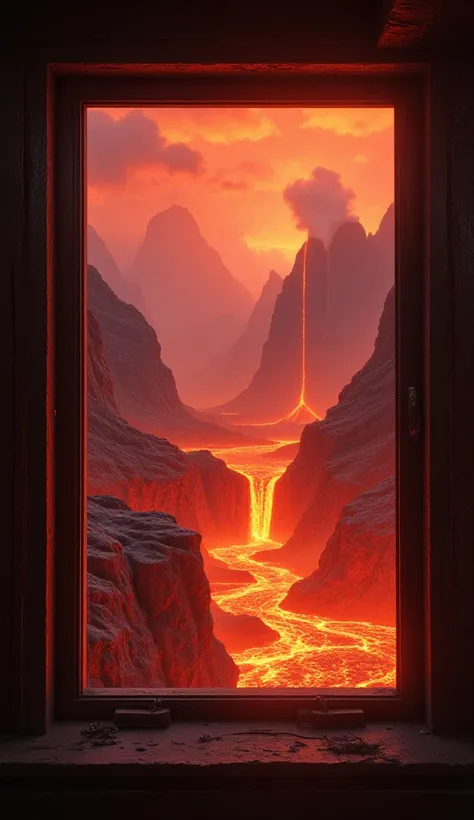 window with cascade of lava behind