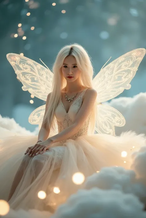 glowing fairy with luminescent wings, delicate features, long flowing white hair, iridescent aura, sitting gracefully on a fluffy cloud, surrounded by twinkling fairy lights, ethereal and mystical ambiance, celestial setting, magical and enchanting atmosph...