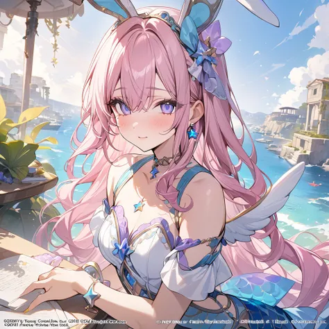 ,a girl in mermaid theme々 beautiful, star shaped choker, (masterpiece, highest quality), official art, beautiful and aesthetic: 1.2), (1 girl), very detailed, (blue yellow art: 1.3), colorful, pink long hair, half body, angel wings, blue mermaid, bunny ear...