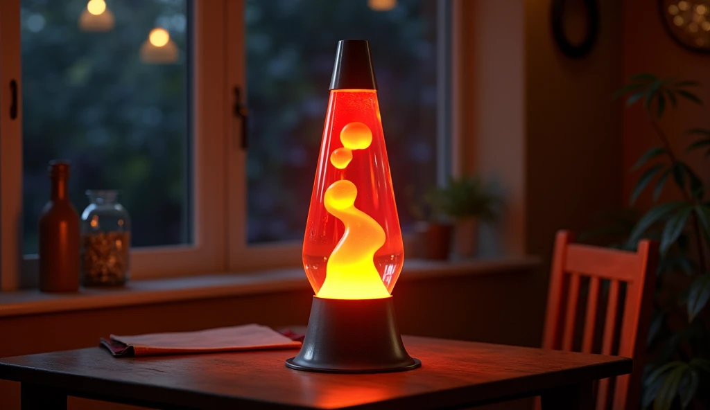 Hand made lava lamp in realistic box
 on table background night 
