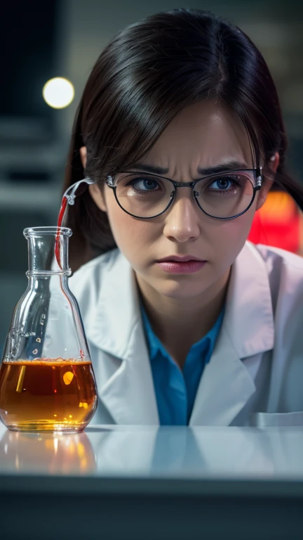 a mature woman wearing a lab coat, sitting alone in a laboratory, crying, her tears havent stopped yet, (best quality, 4k, 8k, highres, masterpiece:1.2), ultra-detailed, (realistic, photorealistic, photo-realistic:1.37), HDR, UHD, studio lighting, ultra-fi...