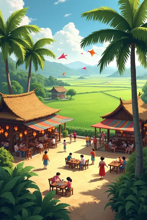 Open space rice field cafe with Vietnamese folk games