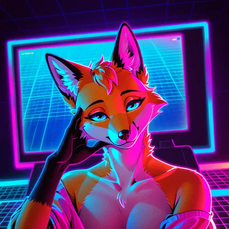 Generation up to the neck An anthropomorphic fox looks at the screen with a calm, relaxed look, the hand and two fingers rest on the head scale background retrowave retrowave style 