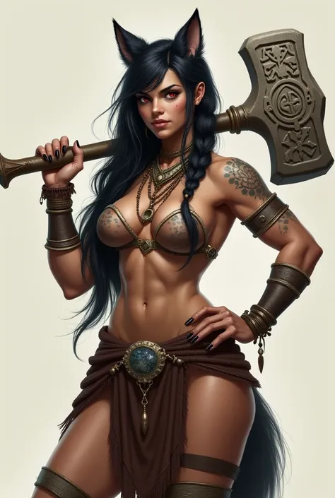 "Muscular female anthropomorphic character with animal features, such as a wolf-like face, pointed ears, and sharp red eyes. She has long black hair styled in warrior braids and a fierce, confident expression. Her body is extremely toned and muscular, with...