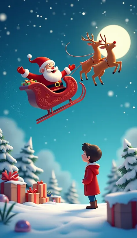 An 3D cartoon photo of Santa coming from sky to give the gifts to rens.