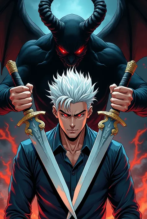 Generate a book cover photo in manhwa style, where a man with white hair , red eye, and a man holding 2 dagger with a devil shadow behind him