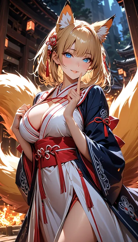 ((masterpiece)),  top quality ,  SUPER DETAILS,  high res,  extremely detailed CG integrated 8K wallpaper with detailed blazer uniform, HQ_HDR,  Sacred Natoriki, (( Fantastic, Floating Fox Fire :1.2)), (Big Breasts), (Active nine tails ),  fox ear, Fox&#39...