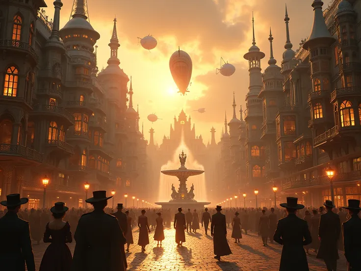 Steampunk cityscape, golden hour, Victorian architecture, airships in the sky, intricate details, glowing windows, fountain in the plaza, bustling street, warm light