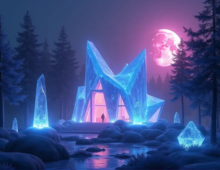 a cinematic wide shot of a crystal cabin in a cosmic forest at night, luxury modern geometric crystal architecture, bioluminescent crystalline trees, two moons in dark purple sky, ethereal purple fog, deep blue and purple color palette, glass-like crystal ...