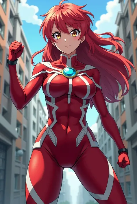 My Hero Academia Style , Anime girl, female, young female ,Full Body Shot,(fighting Pose:1.3),Long hair, Red Hair,  Brown Eyes,Hero Suit, Full Body Suit, red suit with white details,small round blue jewel in the center of the chest, perfect anatomy,  Tough...