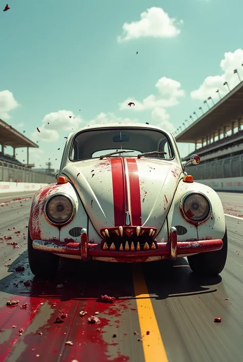 "A terrifying vintage Volkswagen Beetle with sharp teeth integrated into the front grill, painted white with a red racing stripe. The car is splattered with blood and shown on a high-speed racetrack with debris and carnage flying around. The setting featur...