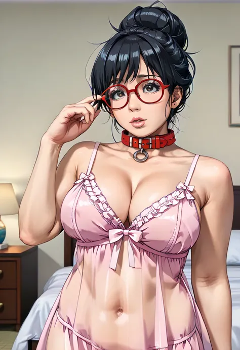 (1girl:1.3), Masterpiece, Best quality, amazing beauty, 4K, absurdres, finely detail, super detailed eye, perfect anatomy, official art, cinematic lighting, BREAK, ((((Bright bedroom)))), hair bun, (black hair:1.5), ((super shiny detailed black eye)), (((t...