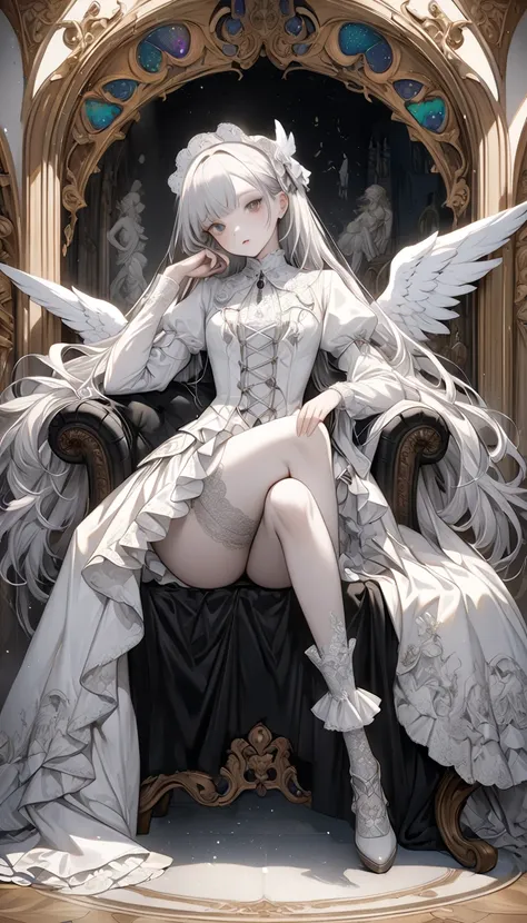 fusion of watercolors and oil paintings, fusion of paper cutting and shadow puppetry, mix of monochrome and color, beautiful fallen angel reclining in luxurious and gorgeous chair, wearing (luxurious and gorgeous, beautiful and wonderful white angel outfit...