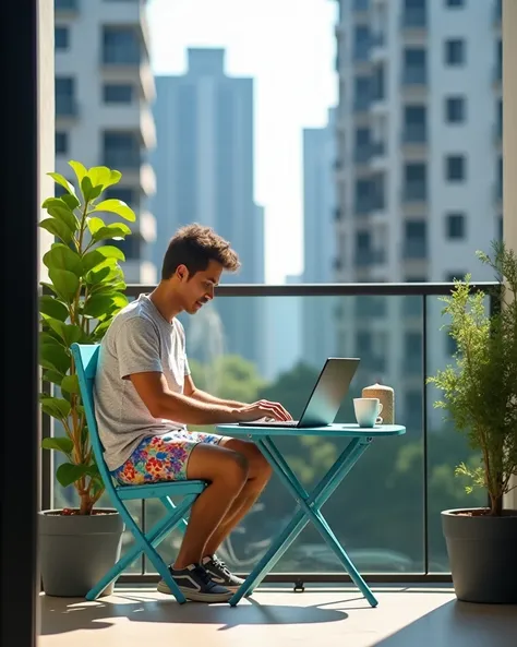 A close-up, photo-realistic depiction of a man working on a laptop while seated at a small balcony table during daytime in a modern urban setting. The man is casually dressed in a light patterned shirt and colorful shorts, sitting on a light blue foldable ...